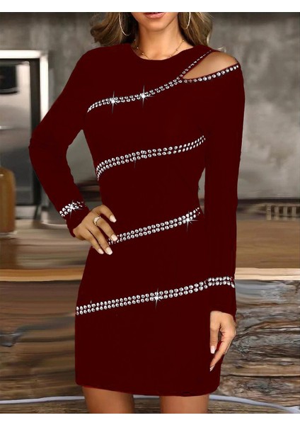 Kadın Uzun Kollu Omuz Pencere Detay Taş Işlemeli Dalgıç Mini Elbise fırsatları