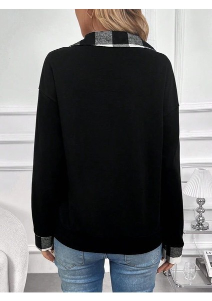 Kadın Uzun Kollu Yakalı Önden Fermuarlı Ekose Detaylı Viskon Iki Iplik Bluz