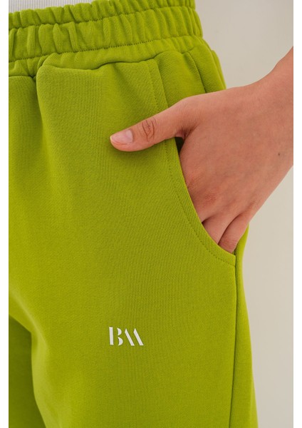 Kadın Fıstık Yeşil Pamuklu Yüksek Bel Rahat Kalıp Eşofman Altı