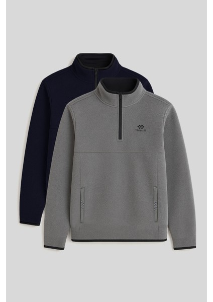 Dik Yaka Yarım Fermuarlı 2li Paket Lacivert-Gri Melanj Erkek Polar Sweatshirt - 87891