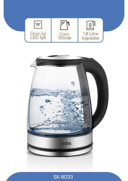 Kablosuz Cam Su Isıtıcısı, 1,8l, Siyah Renk, Şık ve Kullanışlı Tasarım