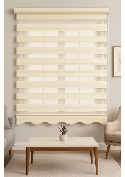 Krem Geniş Pliseli Zebra Stor Perde Eteği Dilimli (Alüminyum Kasa+Metal Ayak