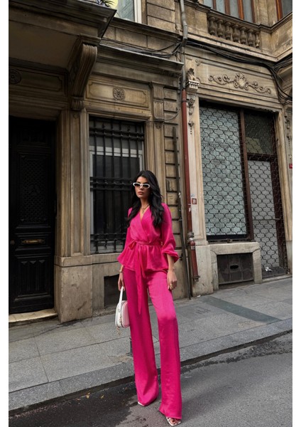Saten Kruvaze Bağlamalı Bluz- Pantolon Takım - Fuşya