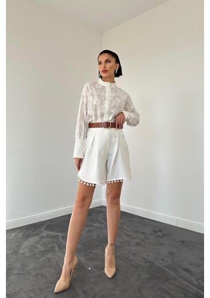 Ekru Dantelli Gömlek ve Ponpolu Şort Takım fiyatları
