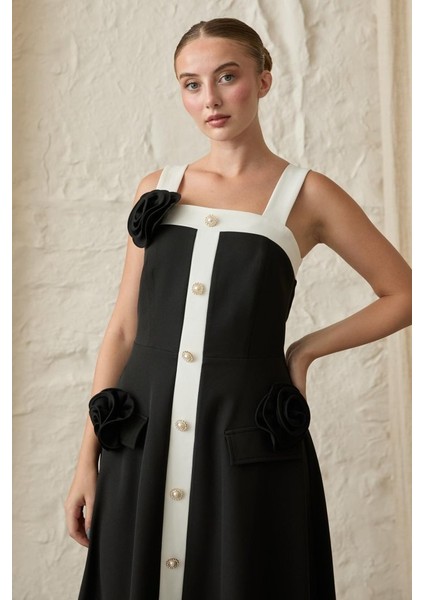 Siyah Güllü Askılı Elbise modelleri