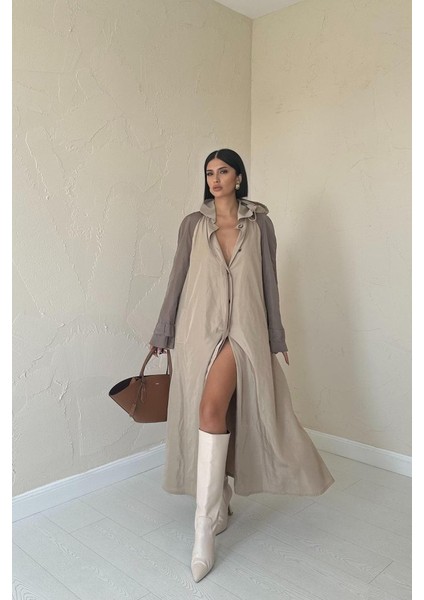 Taba Kapüşonlu Uzun Trençkot