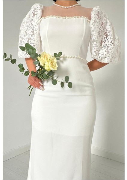 Beyaz Incili Tül Detay Elbise modelleri