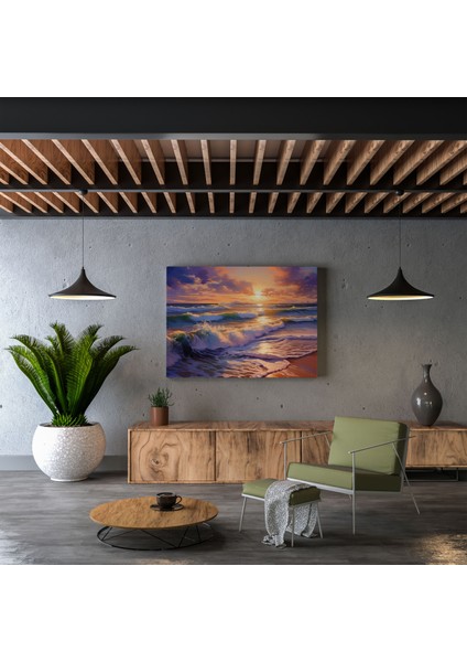 Deniz Mavisi Plaj Günbatımı Kanvas Tablo - Deniz Mavisi Günbatımı Dalgalar modelleri