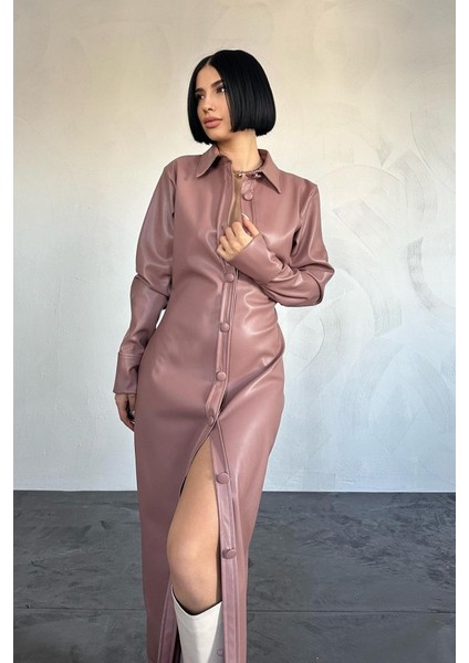 Pudra Boydan Düğmeli Deri Elbise indirimleri