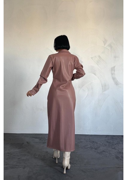 Pudra Boydan Düğmeli Deri Elbise