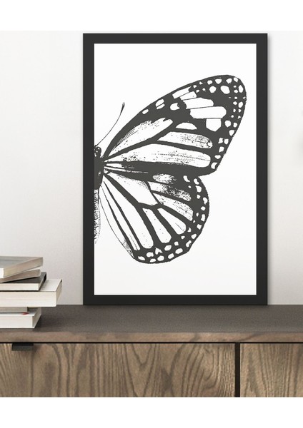 1 Adet Siyah Beyaz Kelebek Kanadı Ahşap Siyah Çerçeve Görünümlü Mdf Tablo