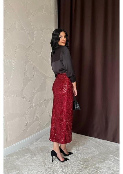 Bordo Pulpayetli Parlak Etek fırsatları