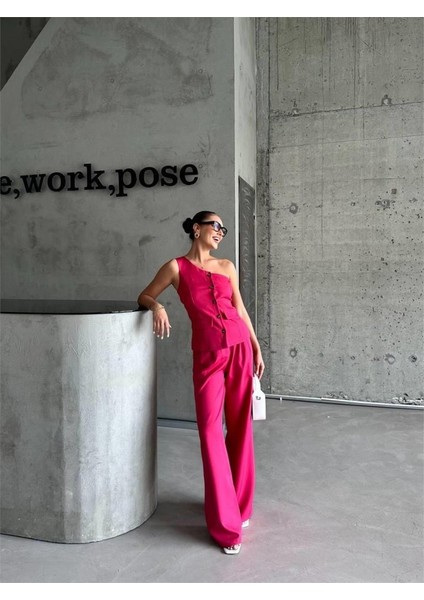 Tek Kol Yelek - Pantolon Takım Atlas - Fuşya fırsatları