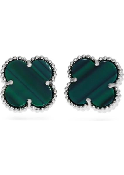 Kadın Koyu Yeşil Yonca Model Büyük Çelik Küpe