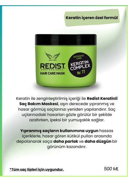 Redıst Saç Maskesı Keratın Yoğun Onarıcı ve Nemlendirici, 500m Tüm Saç Tiplerine Uygun, Parlaklık ve Canlılık Kazandırır modelleri