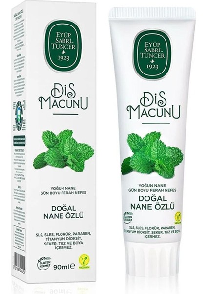 Glütensiz Doğal Nane Özlü Diş Macunu - 90 ml, Eucalyptus ve Mentol ile Ferahlatıcı Etki