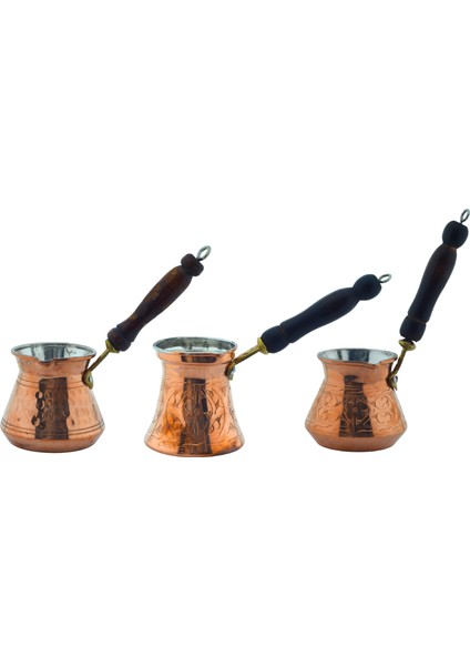 Otantik Işlemeli 3 Adet Ahşap Saplı El Yapımı Eskitme Bakır Cezve Set