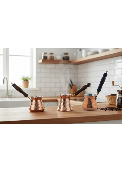 Otantik Işlemeli 3 Adet Ahşap Saplı El Yapımı Eskitme Bakır Cezve Set indirimleri