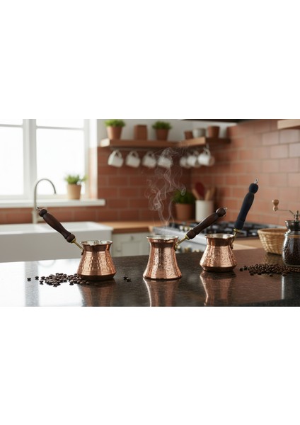Otantik Işlemeli 3 Adet Ahşap Saplı El Yapımı Eskitme Bakır Cezve Set