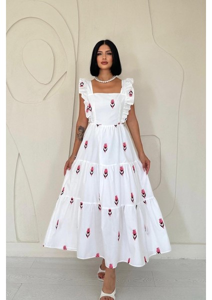 Fuşya Sıfır Kol Fırfırlı Elbise