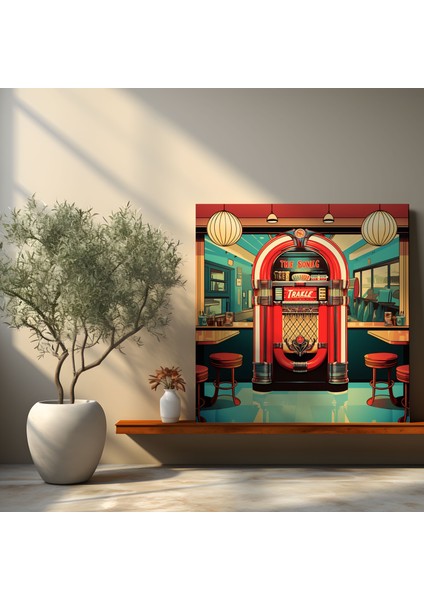 Nostaljik Diner Jukebox Kanvas Tablo - Retro Poster Tasarımı Canlı Müzik Atmosferi modelleri