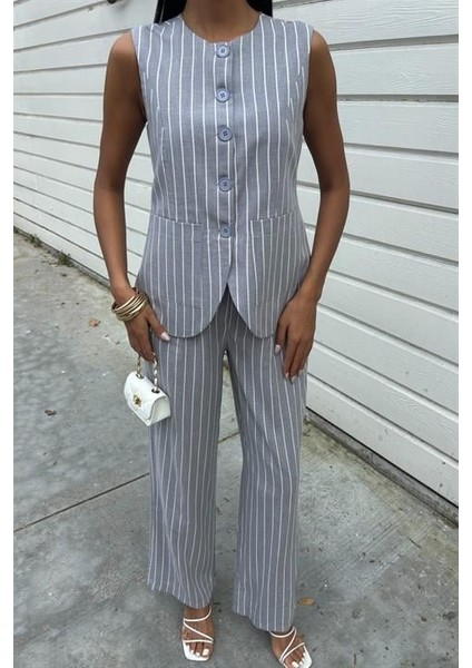 Çizgili Viscon Keten Yelekli Rahat Takım 10121