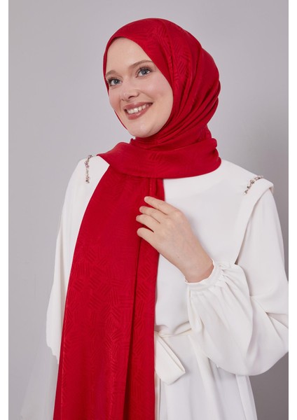 Kırmızı Çubuk Desen Jakarlı Janjan Şal