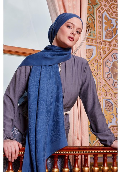 Petrol Mavi Hint Desen Grazia Şal