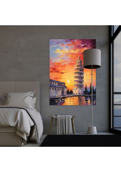 Pisa'da Eğik Kule Kanvas Tablo - Günbatımı Canlı Renkler Duvar Sanatı fiyatları