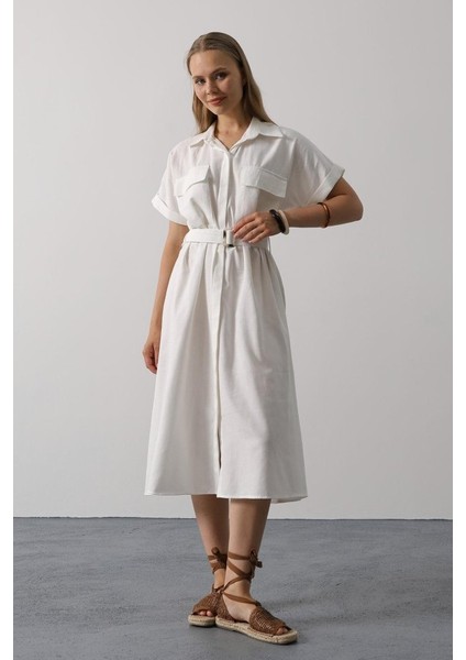 Kuşaklı Cep Detaylı Yarım Kol Elbise - Beyaz fiyatları