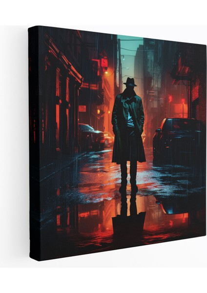 Pulp Fiction Canvastan Baskı - Neon Noir Dedektif Silueti - Pulp Fiction Öz Neon Noir Görsel Olarak Çarpıcı Kontrast