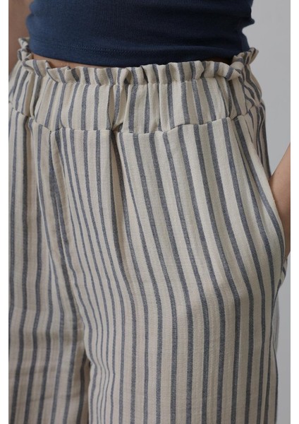Çizgili Pamuklu Lastikli Pantolon - Bej-Lacivert fırsatları