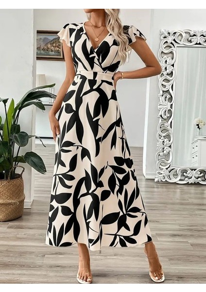 Kadın Kısa Kelebek Kollu Kruvaze Yaka Desenli Süprem Elbise