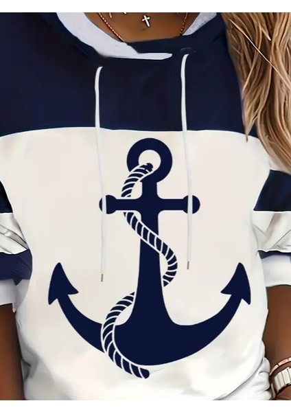 Kadın Uzun Kollu Kapşonlu Çıpa Desenli Şardonlu Dalgıç Bluz