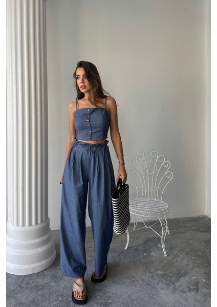 Tencel Crop Askılı Bluz - Şalvar Pantolon Tk - Indigo