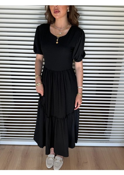 Kadın Kısa Kollu Yakası Açık Katlı Bürümcük Balon Elbise modelleri