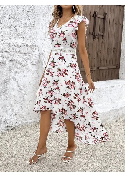 Kadın Kısa Kollu V Yakalı Çiçek Desenli Önü Kısa Arkası Uzun Süprem Elbise