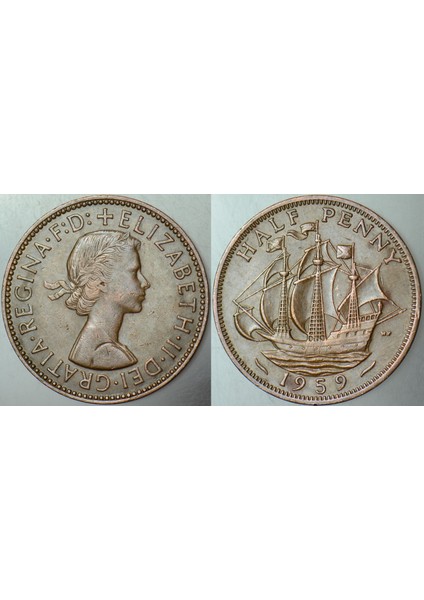 Birleşik Krallık 1/2 Penny 1959 Kraliçe Iı. Elizabeth. Yelkenli Temalı. 25,4 mm Ingiltere