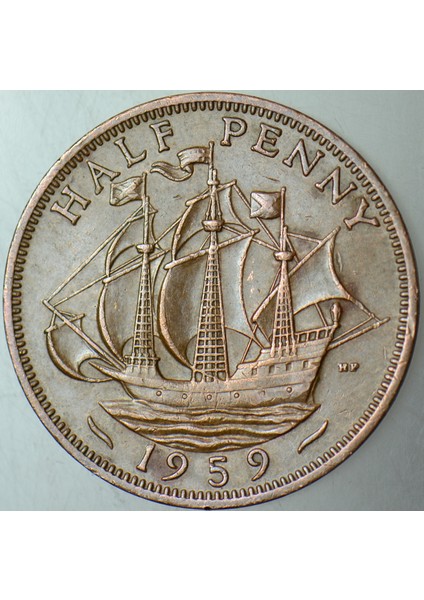 Birleşik Krallık 1/2 Penny 1959 Kraliçe Iı. Elizabeth. Yelkenli Temalı. 25,4 mm Ingiltere modelleri