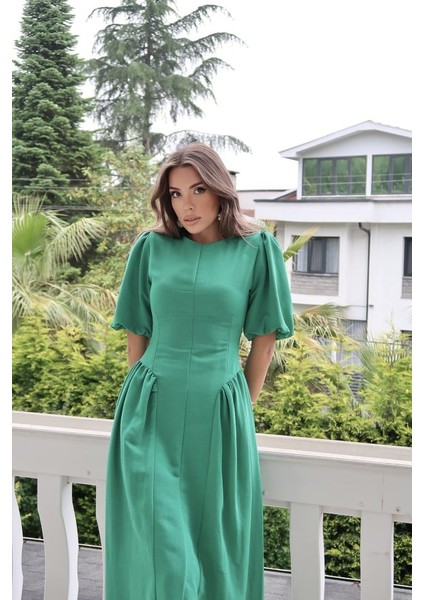 Yeşil Arkadan Bağlamalı Büzgülü Keten Elbise fırsatları