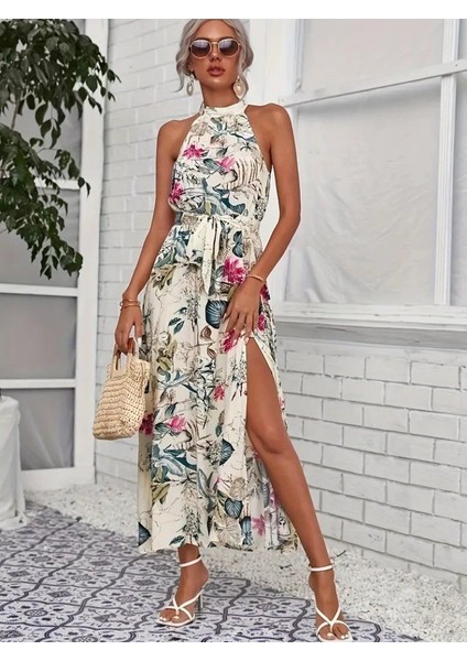 Kadın Omuzlardan Açık Halter Yakalı Yırtmaçlı Çiçek Desenli Süprem Elbise