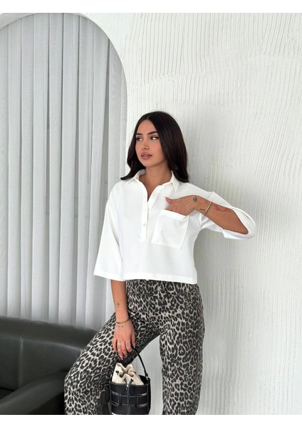 Crop Yakalı Gömlek Üç Çeyrek Sleeve Kol - Beyaz