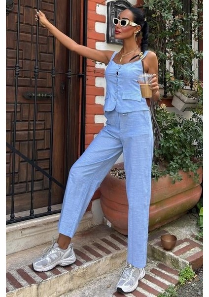 Kalın Askılı Bluz Pantolon Keten Takım 10187