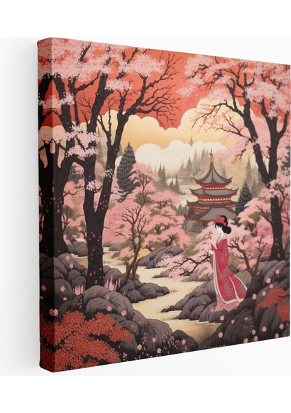 Kiraz Çiçeği Bahçesinde Zarif Geyşa Kanvas Tablo