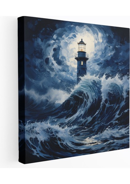 Deniz Feneri Temalı Koyu Mavi Kanvas Tablo