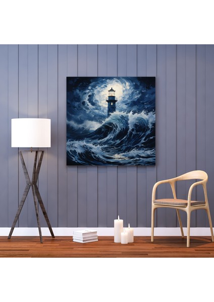Deniz Feneri Temalı Koyu Mavi Kanvas Tablo modelleri