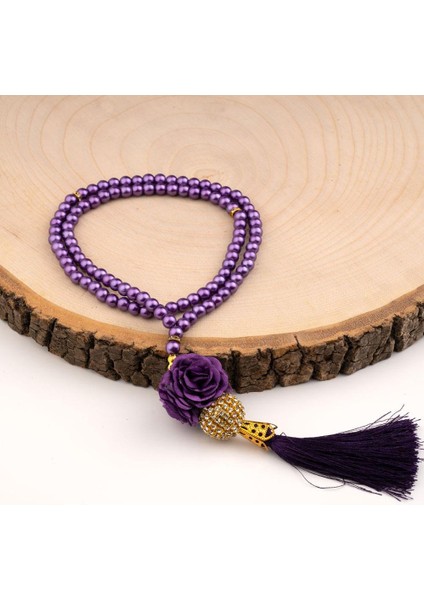 Mini Taşlı Güllü Tesbih Mor (99LU - 6mm)