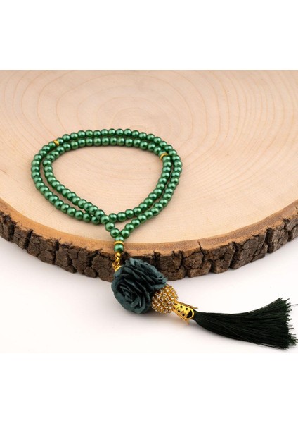 Mini Taşlı Güllü Tesbih Yeşil (99LU - 6mm)