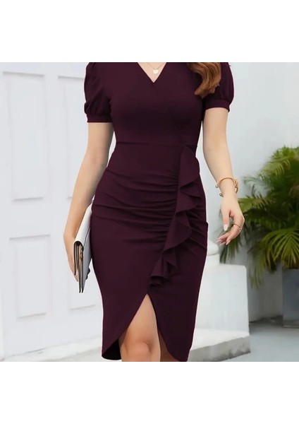 Kadın Kısa Kollu V Yakalı Önden Fırfırlı Ithal Krep Elbise