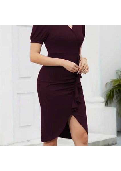 Kadın Kısa Kollu V Yakalı Önden Fırfırlı Ithal Krep Elbise fiyatları